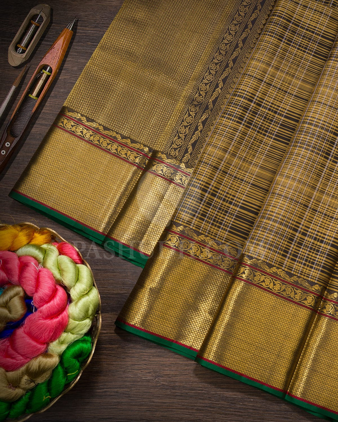 Golden Beige With Black Kanjivaram Silk Saree-D675(C)