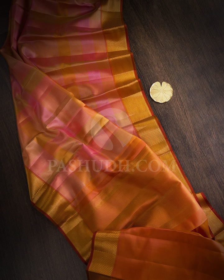 Lavender,Pink,Yellow And Green With Dual Shaded Orange Kanjivaram Silk Saree-DJ442(H)