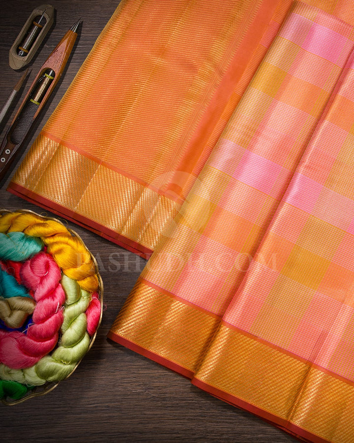 Lavender,Pink,Yellow And Green With Dual Shaded Orange Kanjivaram Silk Saree-DJ442(H)