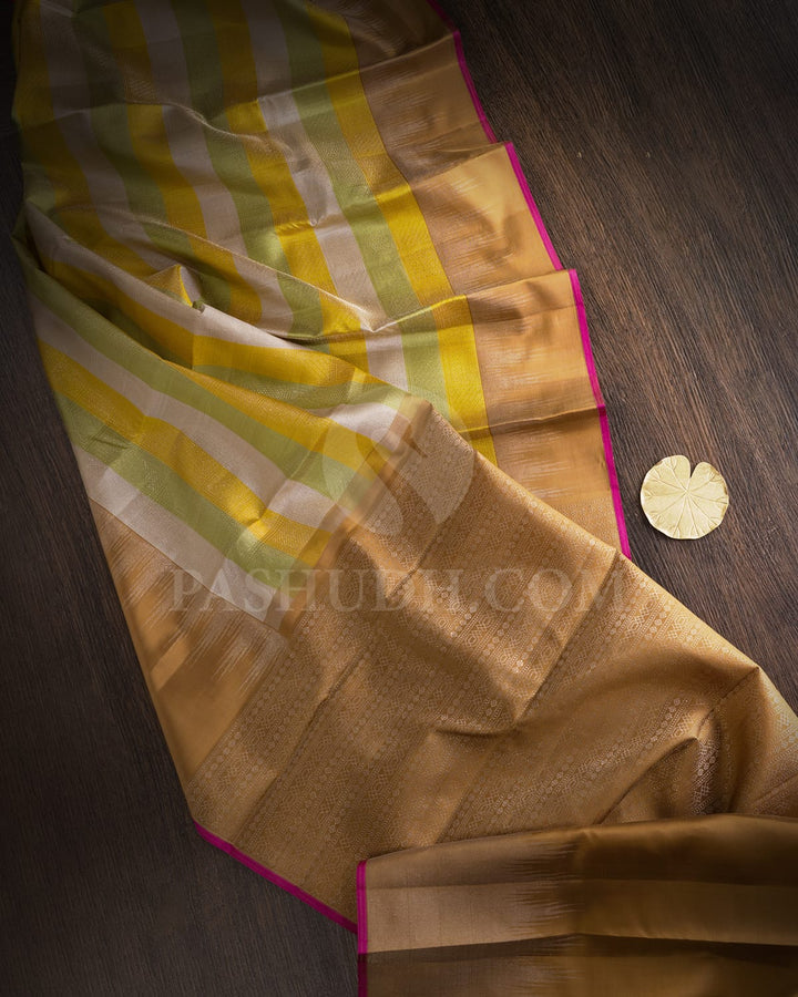 Yellow,Half White And Pista Green With Golden Beige Kanjivaram Silk Saree-DJ436(F)