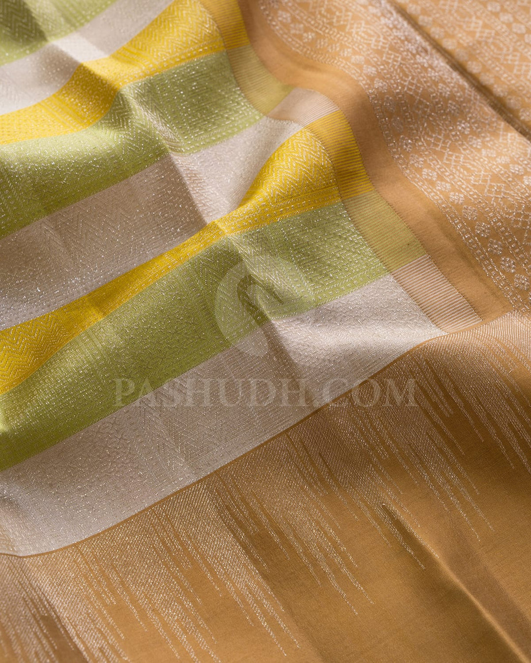 Yellow,Half White And Pista Green With Golden Beige Kanjivaram Silk Saree-DJ436(F)