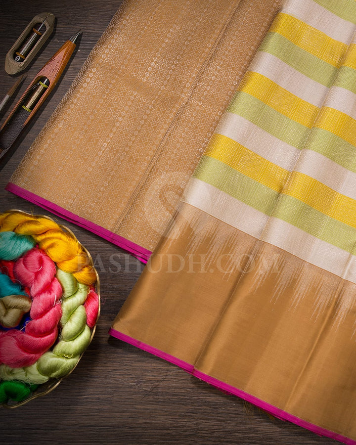 Yellow,Half White And Pista Green With Golden Beige Kanjivaram Silk Saree-DJ436(F)