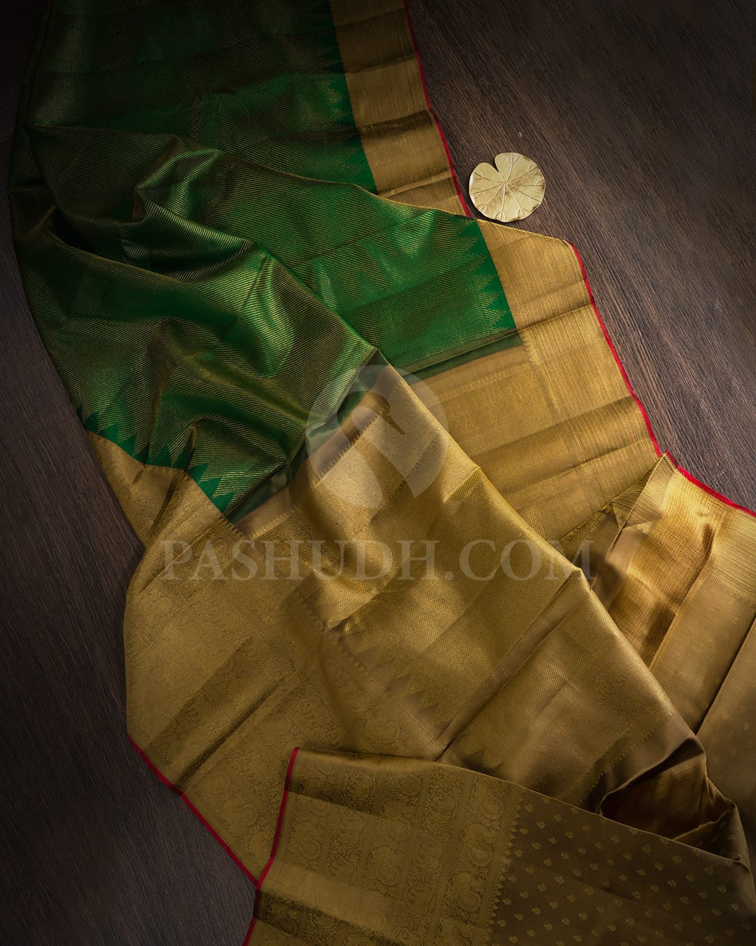 Forest Green With Golden Beige Kanjivaram Silk Saree-DJ434(G)