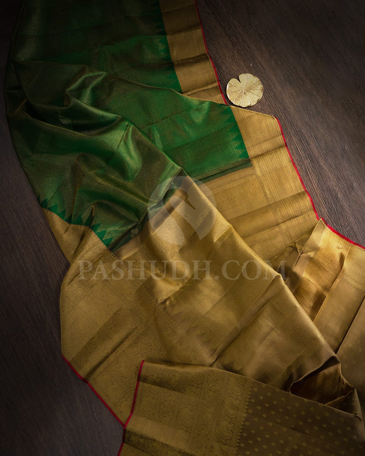 Forest Green With Golden Beige Kanjivaram Silk Saree-DJ434(G)