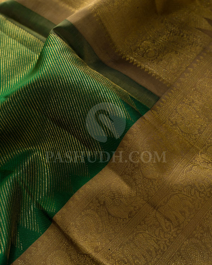 Forest Green With Golden Beige Kanjivaram Silk Saree-DJ434(G)