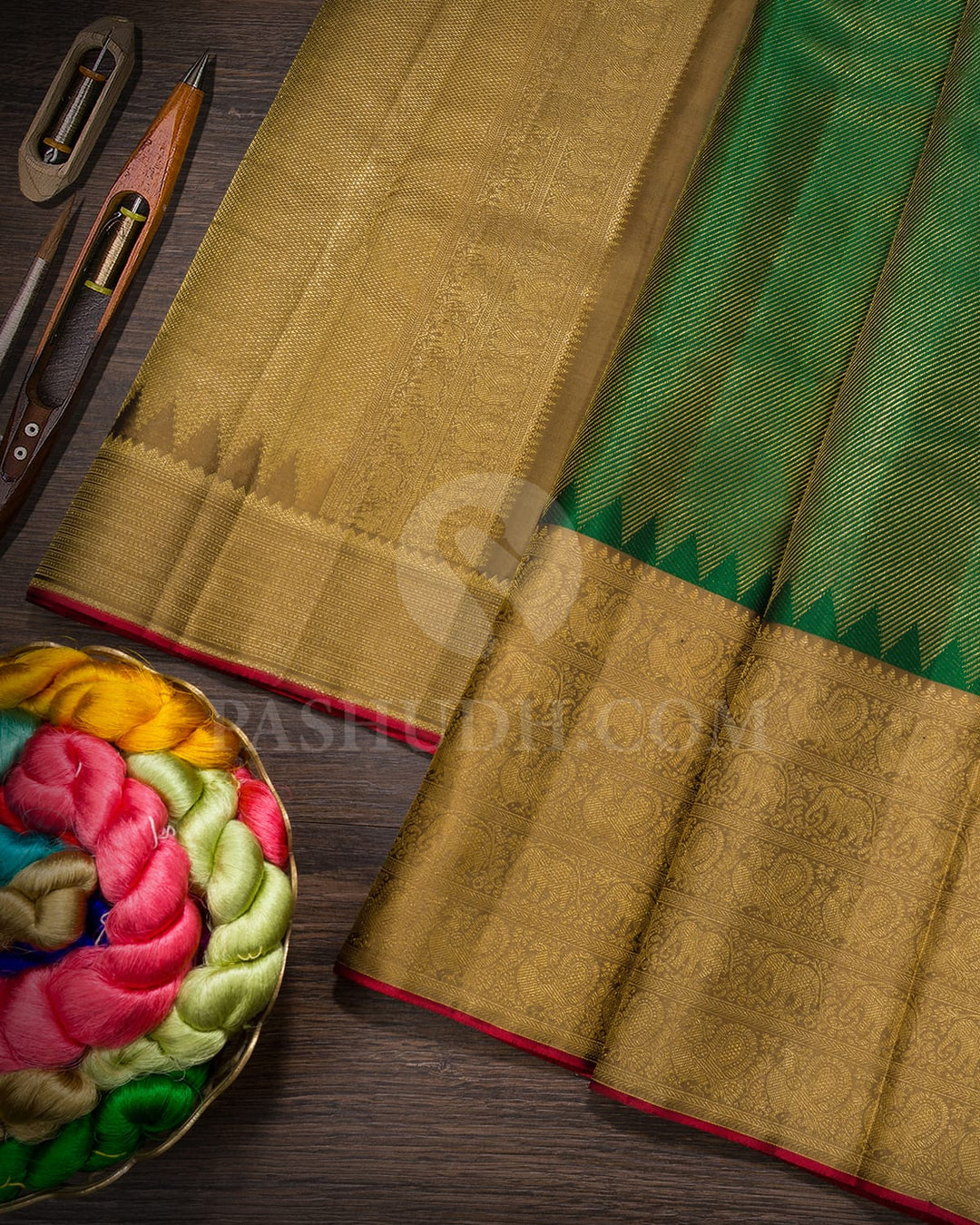 Forest Green With Golden Beige Kanjivaram Silk Saree-DJ434(G)