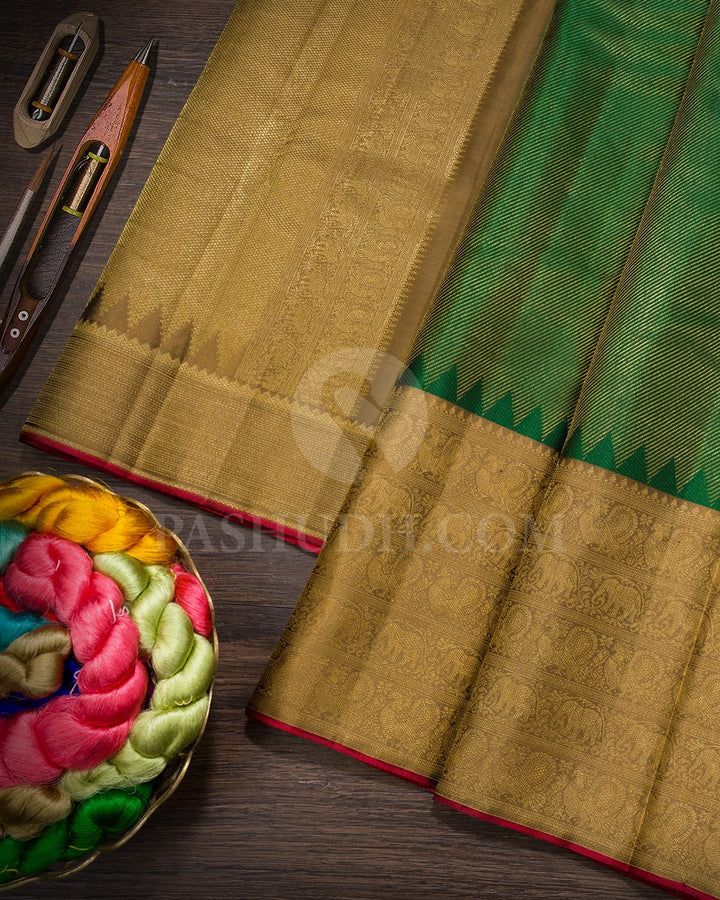 Forest Green With Golden Beige Kanjivaram Silk Saree-DJ434(G)