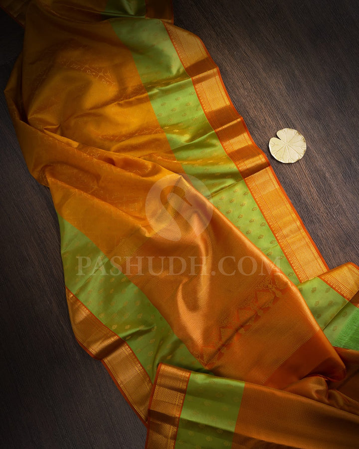Mustard Yellow With Rust Orange Kanjivaram Silk Saree-D696(A)
