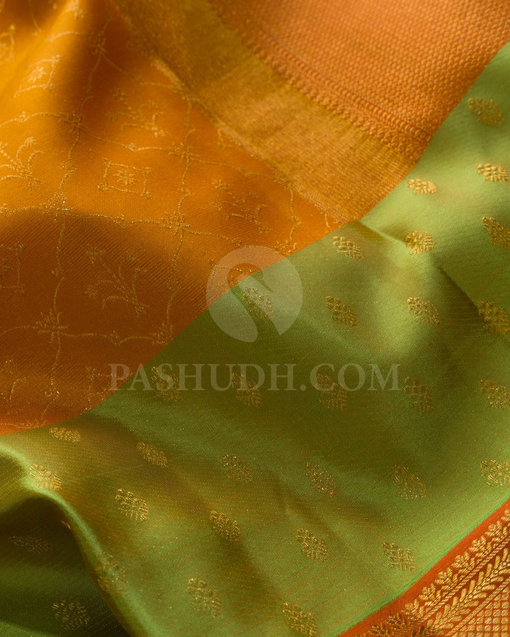 Mustard Yellow With Rust Orange Kanjivaram Silk Saree-D696(A)