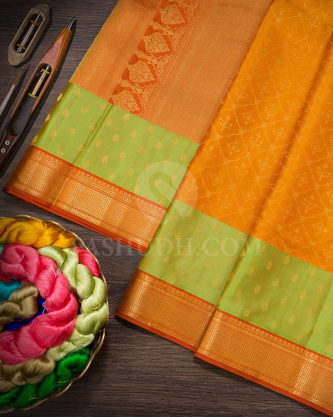 Mustard Yellow With Rust Orange Kanjivaram Silk Saree-D696(A)