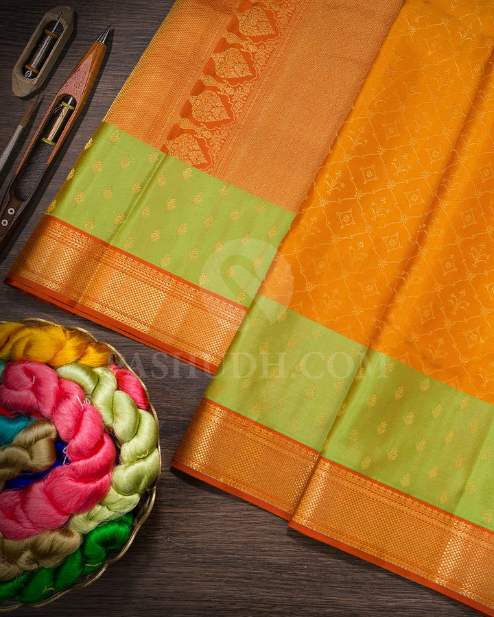 Mustard Yellow With Rust Orange Kanjivaram Silk Saree-D696(A)
