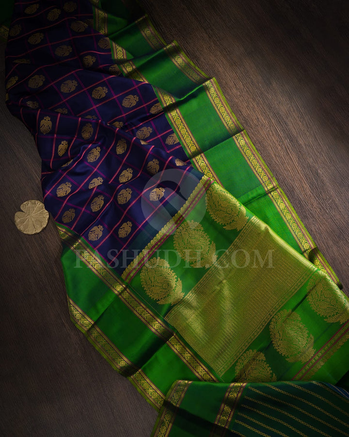 Ink Blue With Forest Green Retta Petta Border Kanjivaram Silk Saree-D686(B)