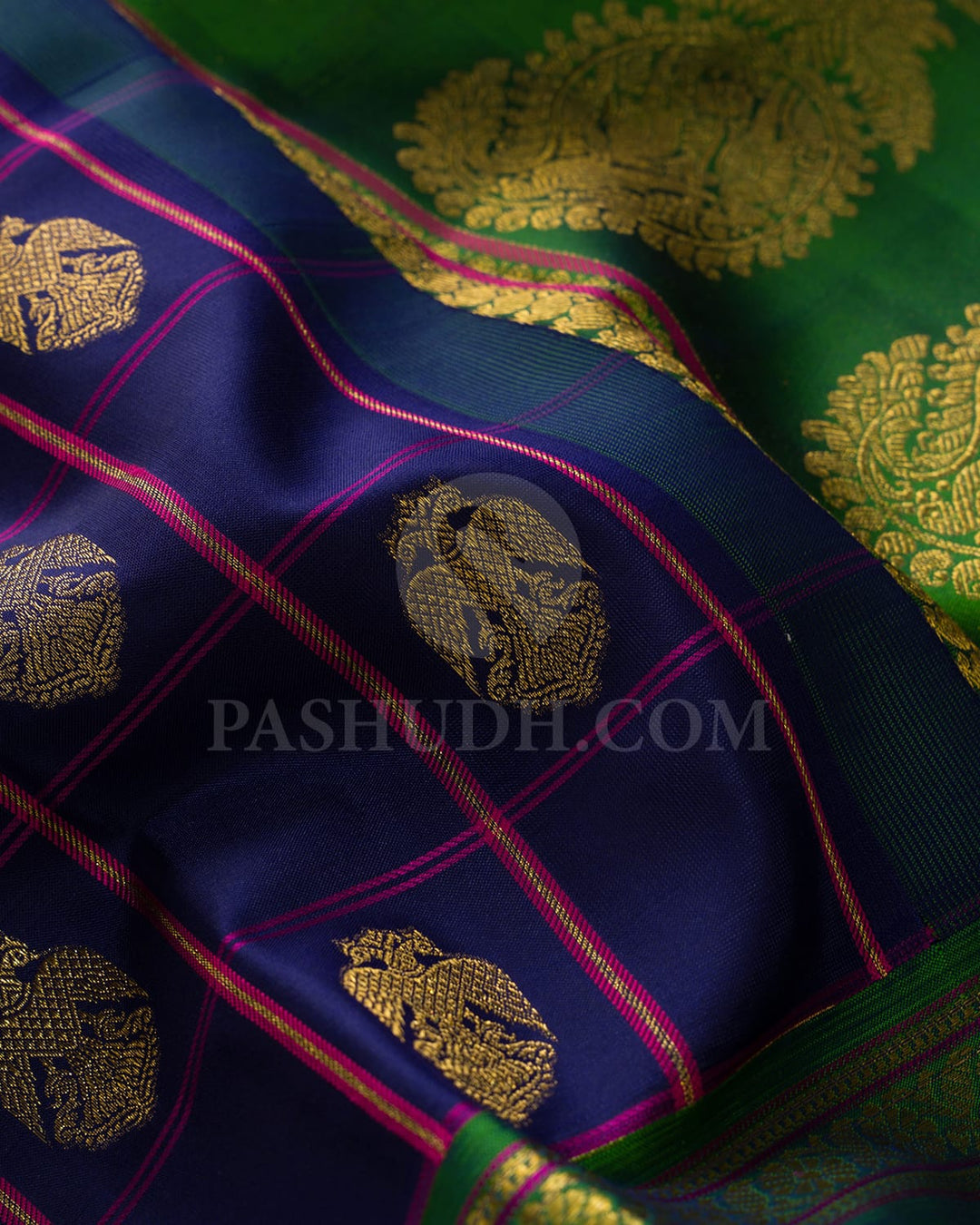 Ink Blue With Forest Green Retta Petta Border Kanjivaram Silk Saree-D686(B)