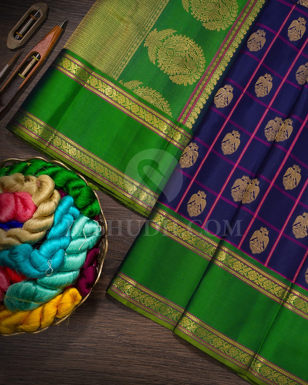 Ink Blue With Forest Green Retta Petta Border Kanjivaram Silk Saree-D686(B)