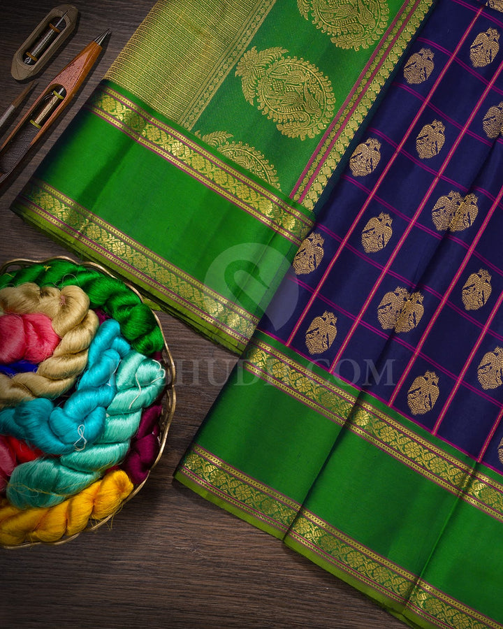 Ink Blue With Forest Green Retta Petta Border Kanjivaram Silk Saree-D686(B)