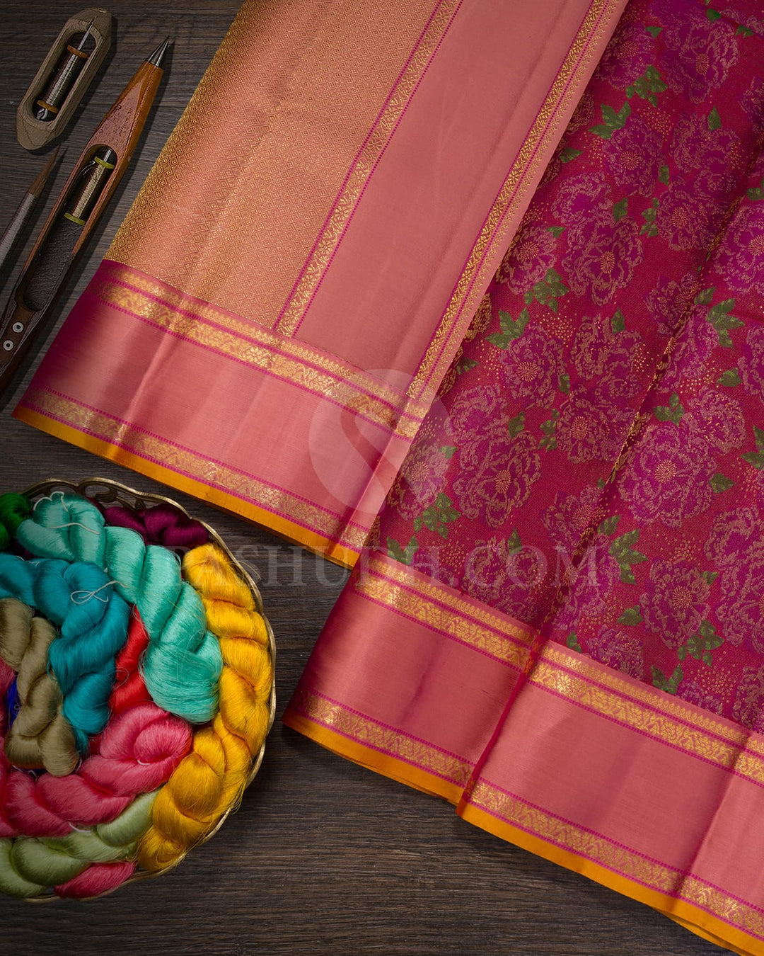 Dual Shaded Magenta With Red And Onion Pink Kanjivaram Silk Saree-DJ426(J)