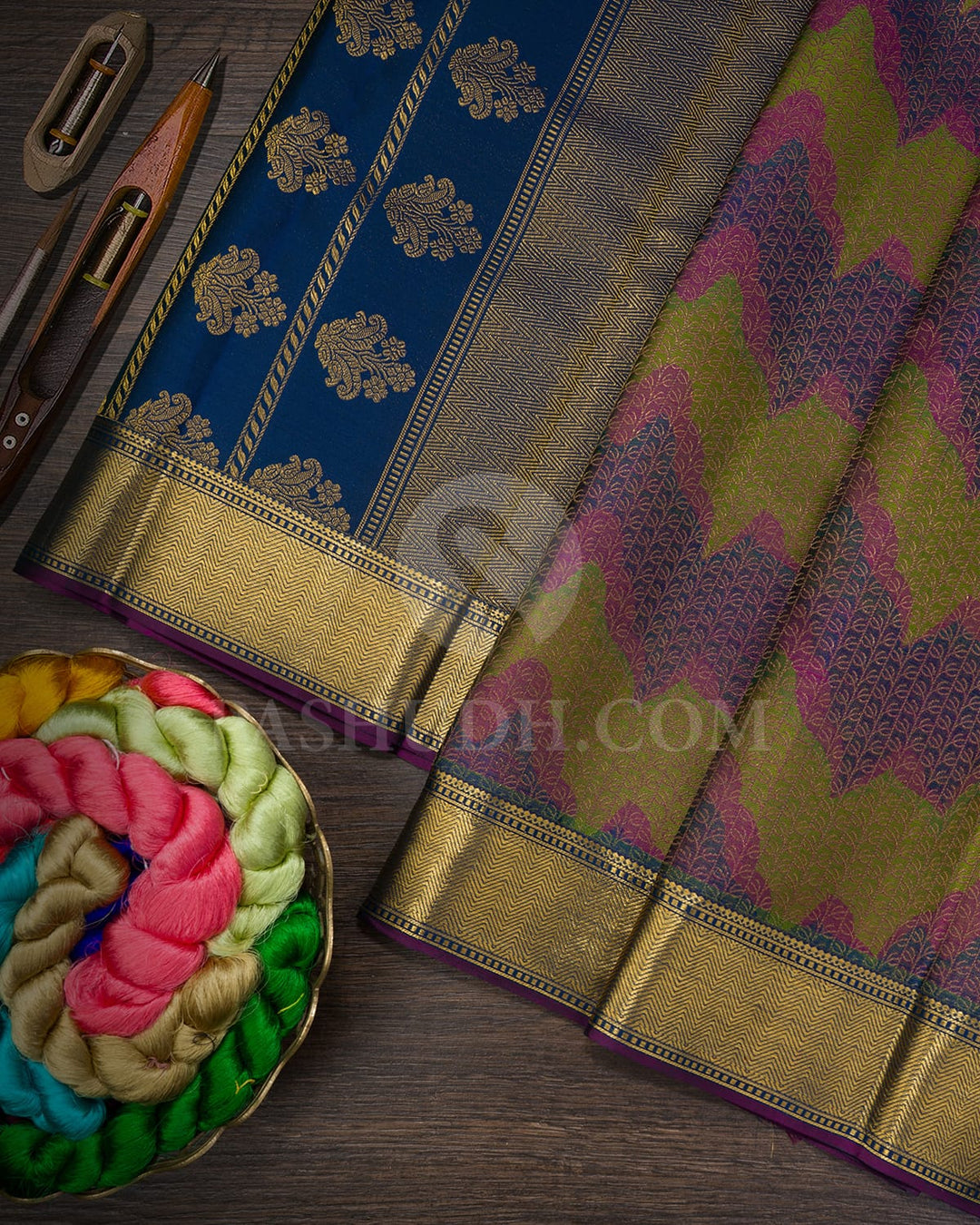 Multicolored With Navy Blue Kanjivaram Silk Saree-DJ431(G)