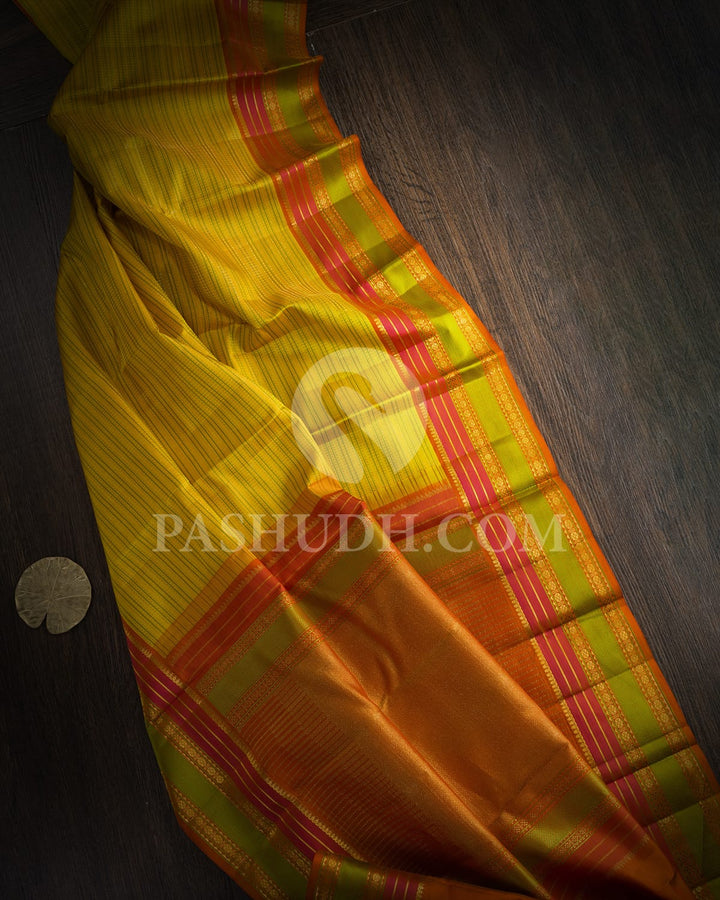 Mustard Yellow With Rust Orange Kanjivaram Silk Saree-DJ381(H)
