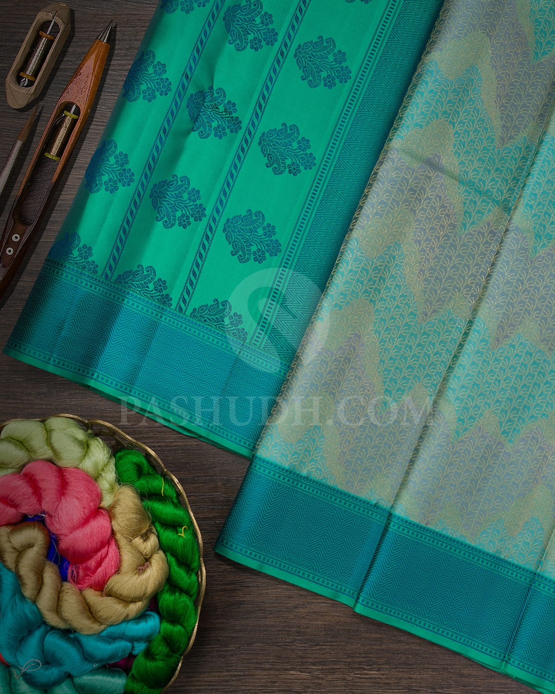 Multicolored With Sapphire Green Kanjivaram Silk Saree-DJ431(E)