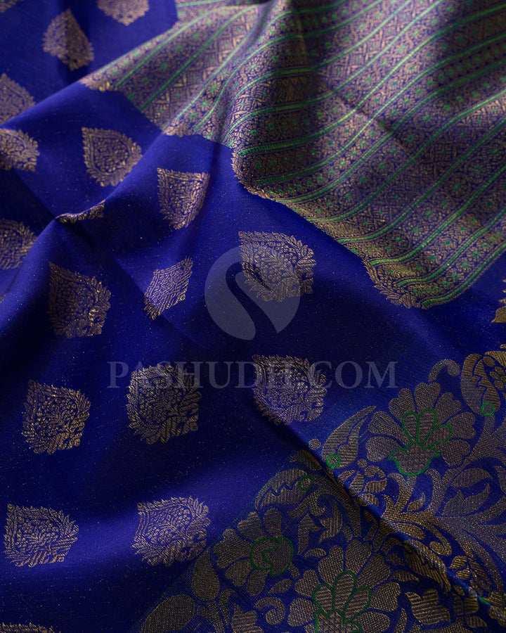 Deep Blue With Forest Green Kanjivaram Silk Saree-D668(D)