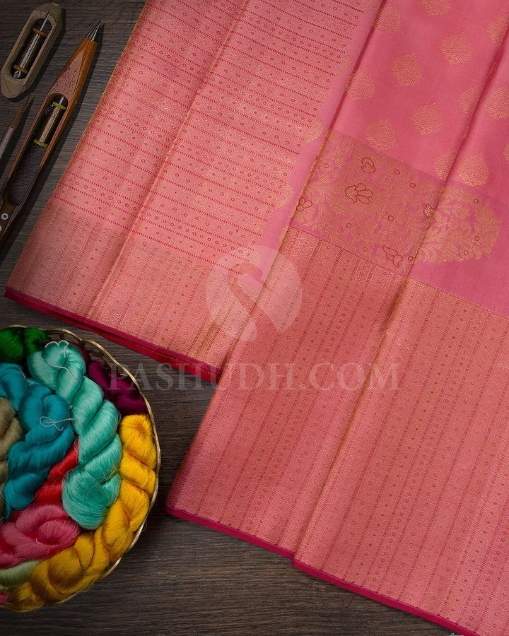 Peachy Pink With Red Kanjivaram Silk Saree-D668(E)