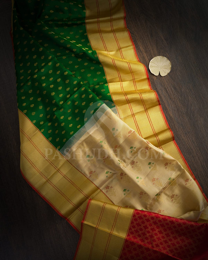 Forest Green,Beige And Red Kanjivaram Silk Saree-DJ460(A)