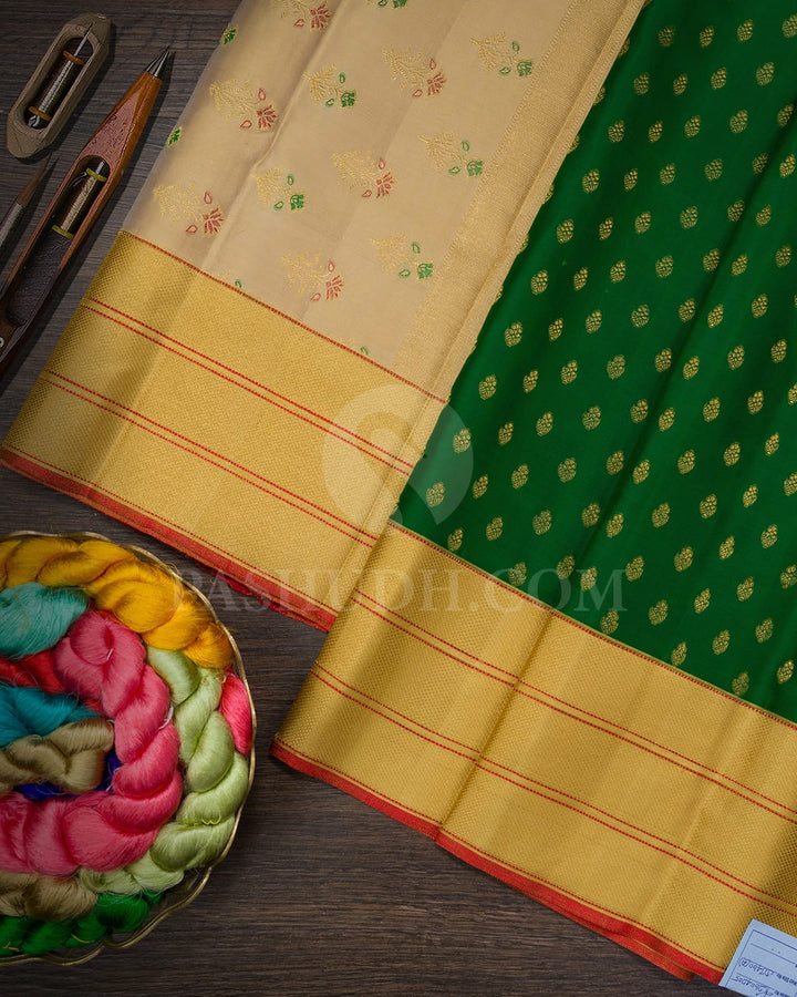 Forest Green,Beige And Red Kanjivaram Silk Saree-DJ460(A)