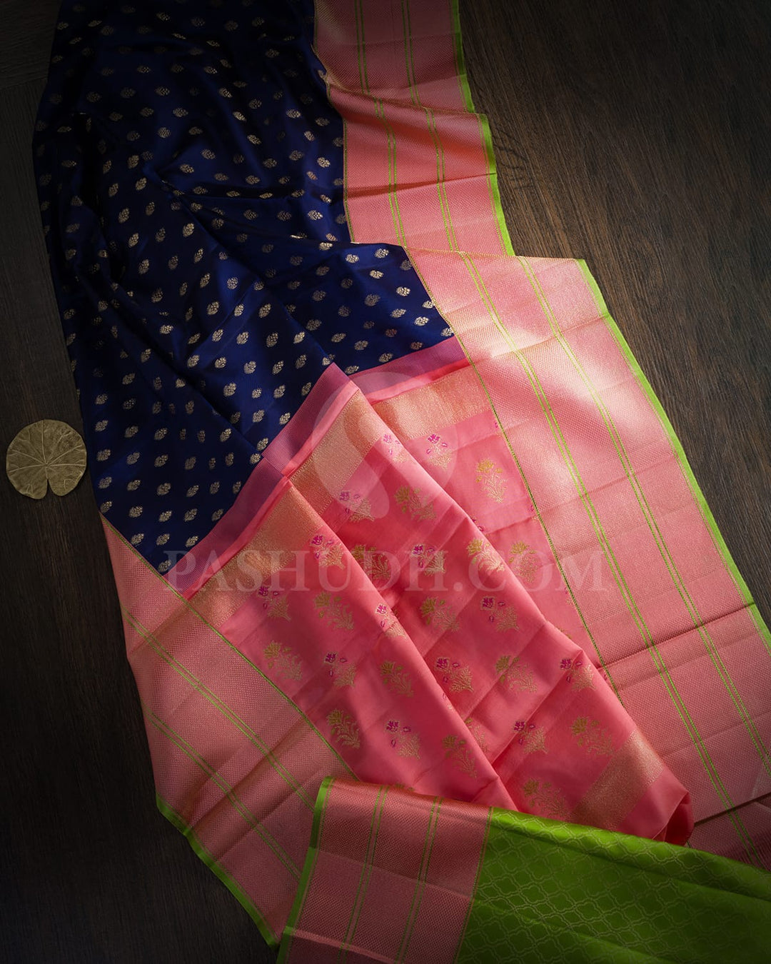 Navy Blue ,Bubblegum Pink And Parrot Green Kanjivaram Silk Saree-DJ460(B)