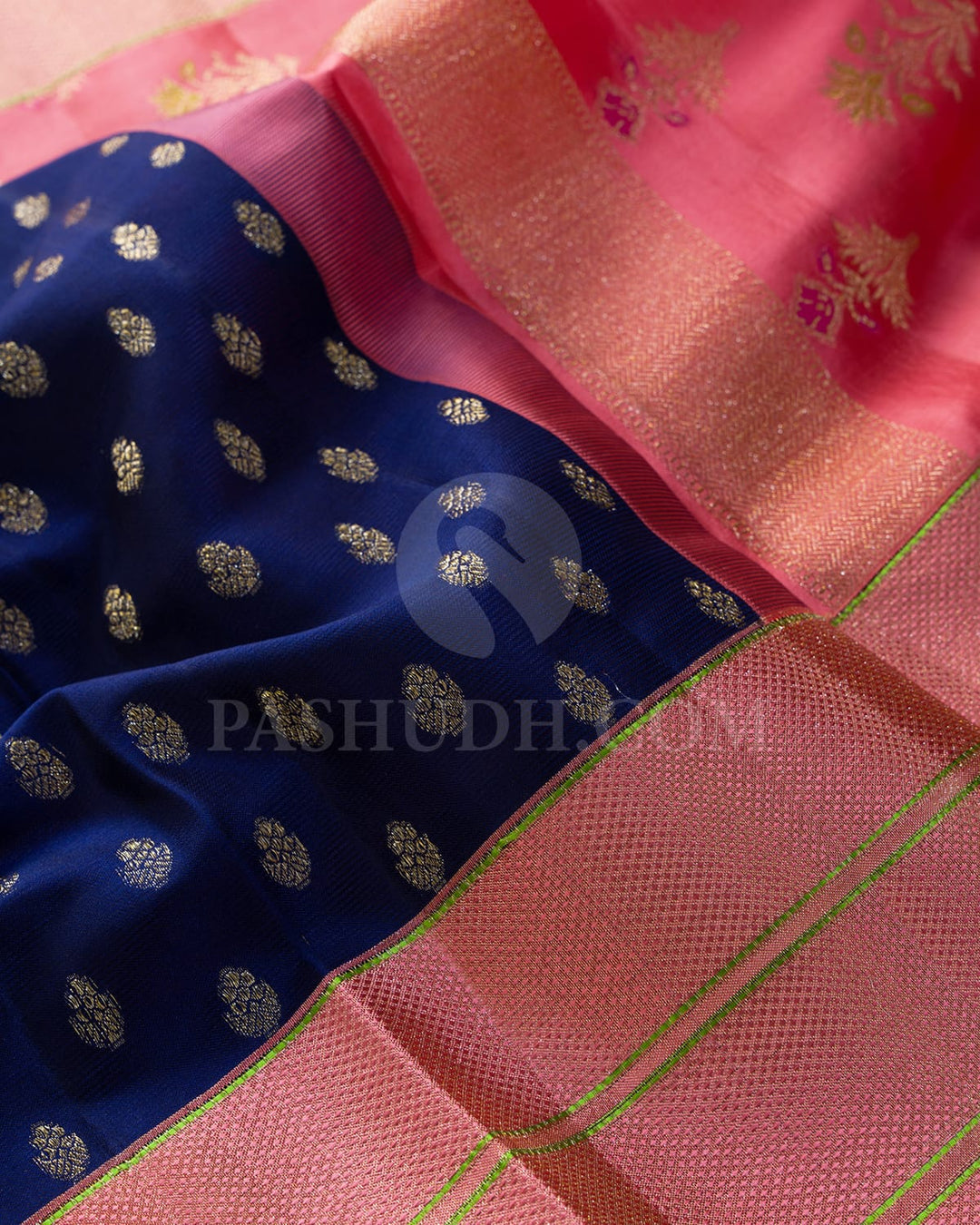 Navy Blue ,Bubblegum Pink And Parrot Green Kanjivaram Silk Saree-DJ460(B)