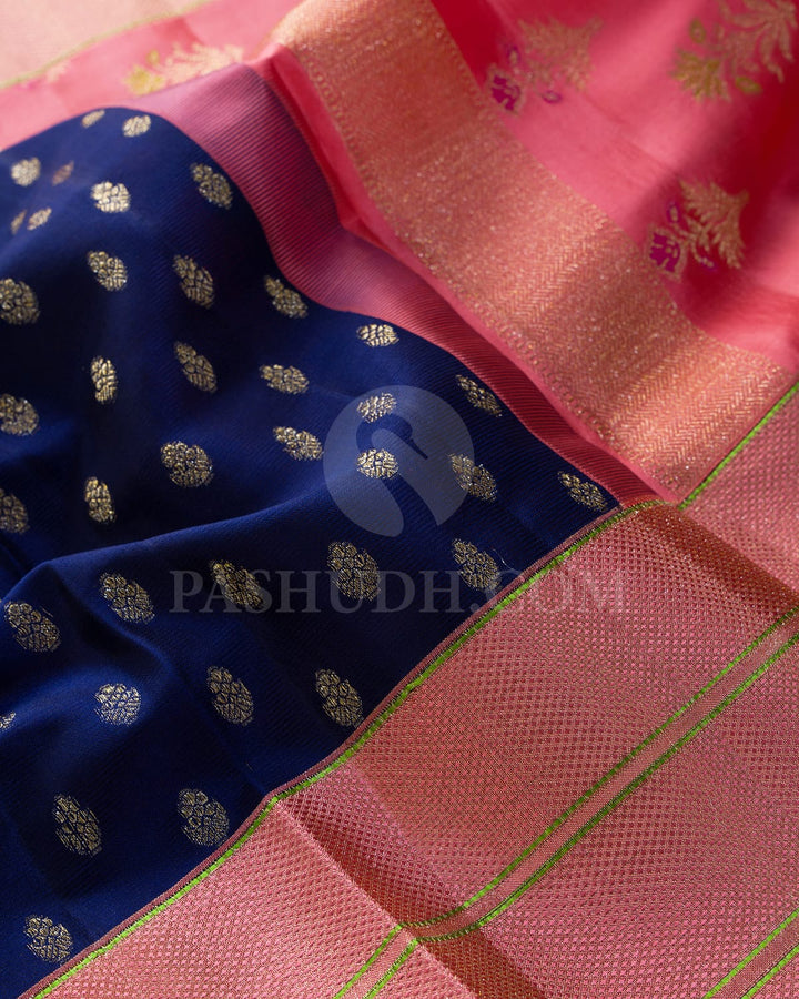 Navy Blue ,Bubblegum Pink And Parrot Green Kanjivaram Silk Saree-DJ460(B)