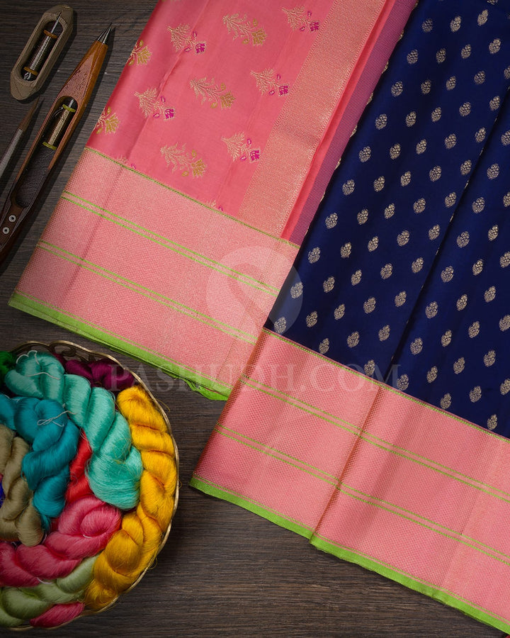Navy Blue ,Bubblegum Pink And Parrot Green Kanjivaram Silk Saree-DJ460(B)