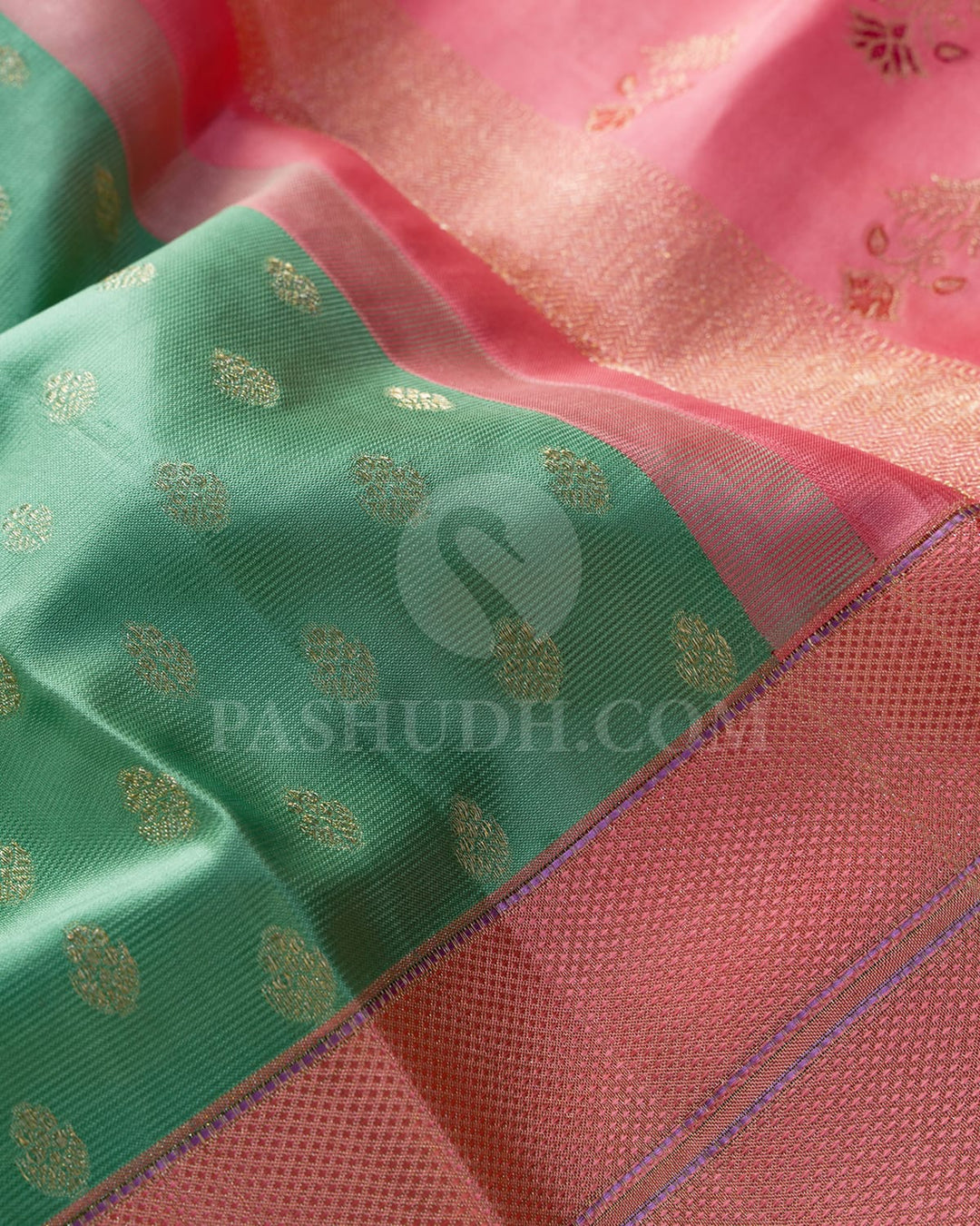 Sage Green With Peachy Pink And Lilac Kanjivaram Silk Saree-DJ460(C)