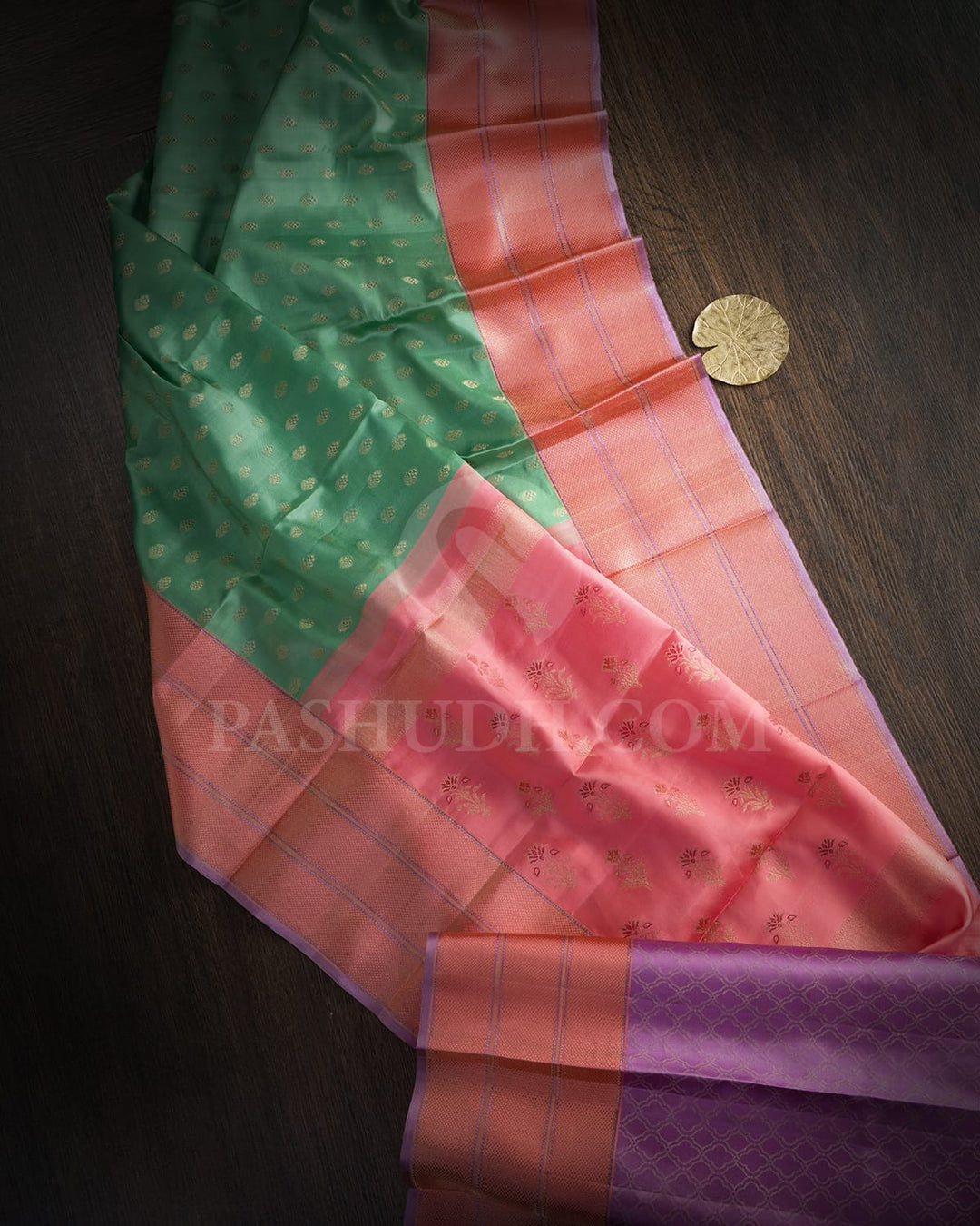 Sage Green With Peachy Pink And Lilac Kanjivaram Silk Saree-DJ460(C)