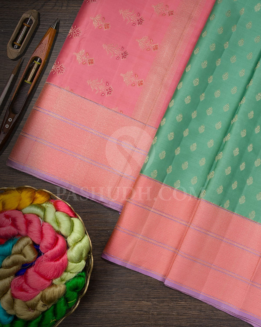 Sage Green With Peachy Pink And Lilac Kanjivaram Silk Saree-DJ460(C)