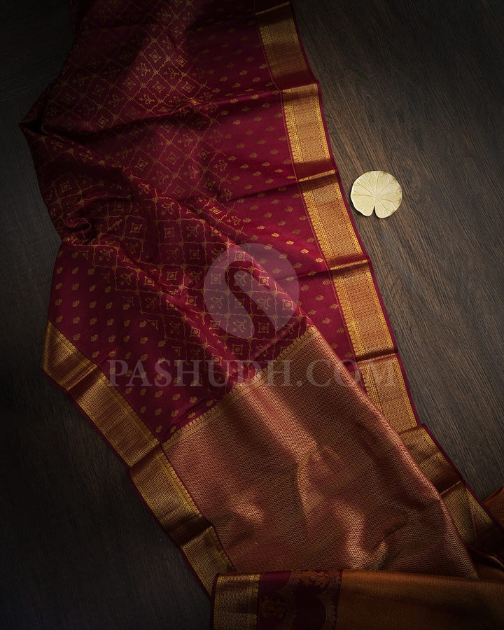 Maroon With Rust Orange Kanjivaram Silk Saree-D696(C)