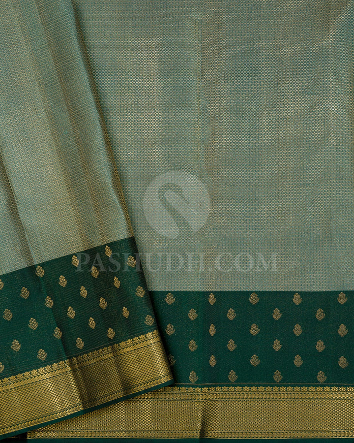Forest Green With Dual Shaded Powder Blue Kanjivaram Silk Saree-D696(B)