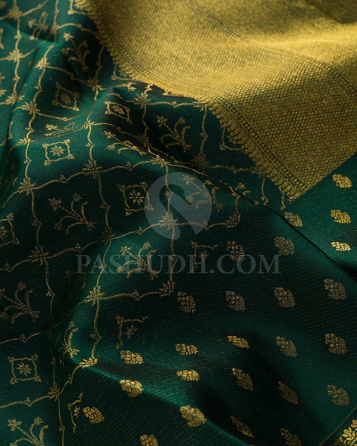 Forest Green With Dual Shaded Powder Blue Kanjivaram Silk Saree-D696(B)