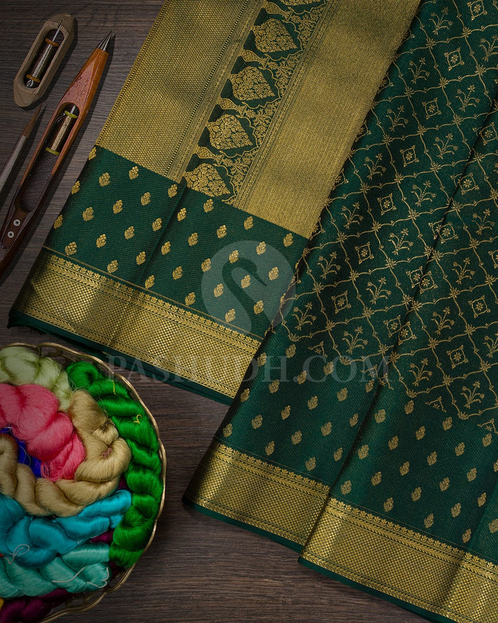 Forest Green With Dual Shaded Powder Blue Kanjivaram Silk Saree-D696(B)