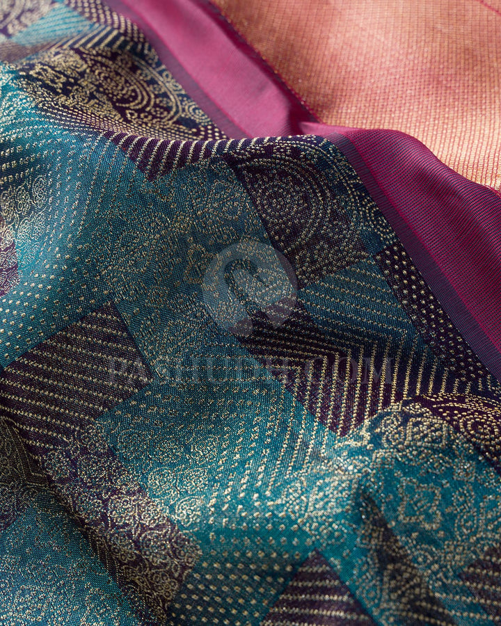 Dual Shaded Peacock Blue With Punch Pink Kanjivaram Silk Saree-D706(A)