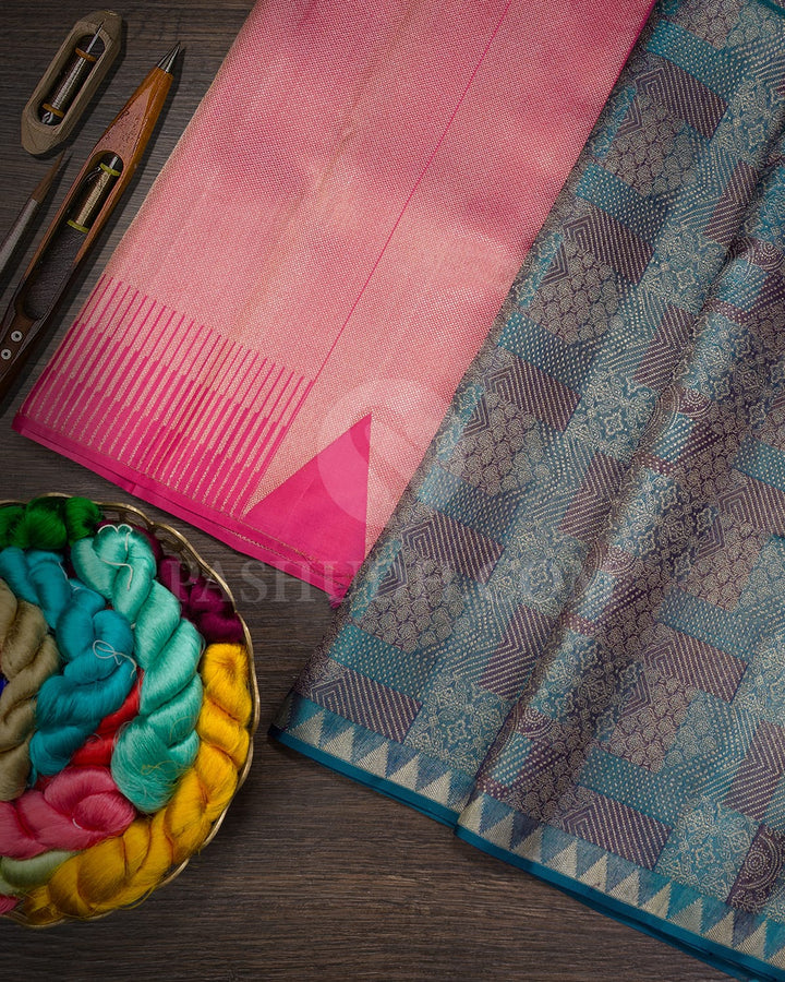 Dual Shaded Peacock Blue With Punch Pink Kanjivaram Silk Saree-D706(A)