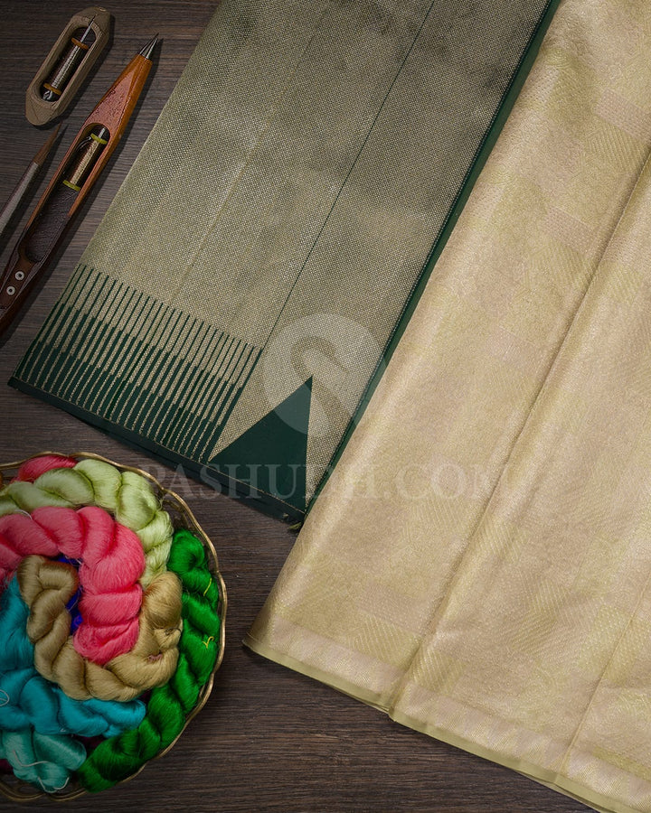 Beige And Pastel Pista Green With Dual Shaded Bottle Green Kanjivaram Silk Saree-D706(B)