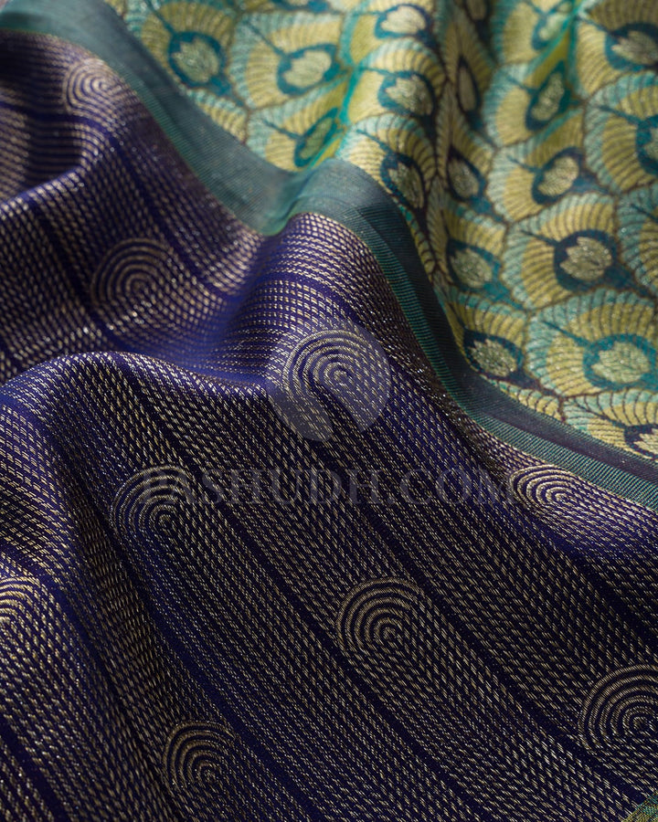 Navy Blue With Dual Shaded Peacock Blue Kanjivaram Silk Saree-D703(A)