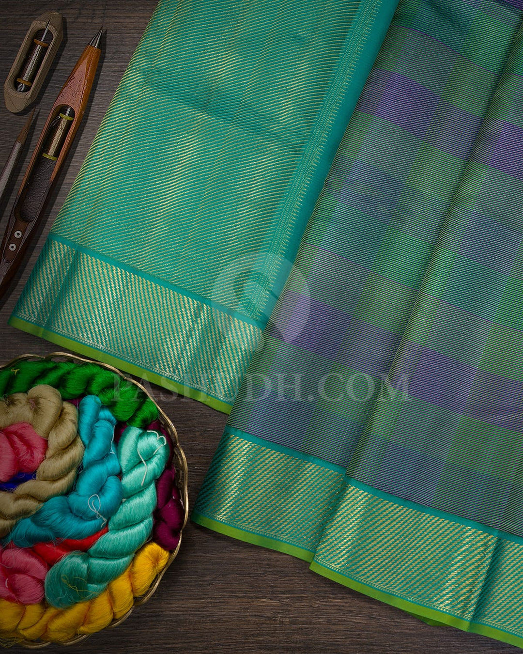 Multicolored With Sapphire Green Kanjivaram Silk Saree-DJ442(J)