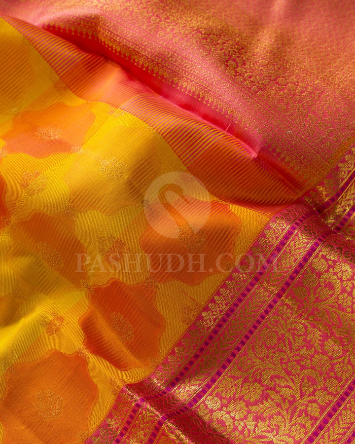 Multicolor Yellow,Orange And Punch Pink Kanjivaram Silk Saree-DJ432(D)