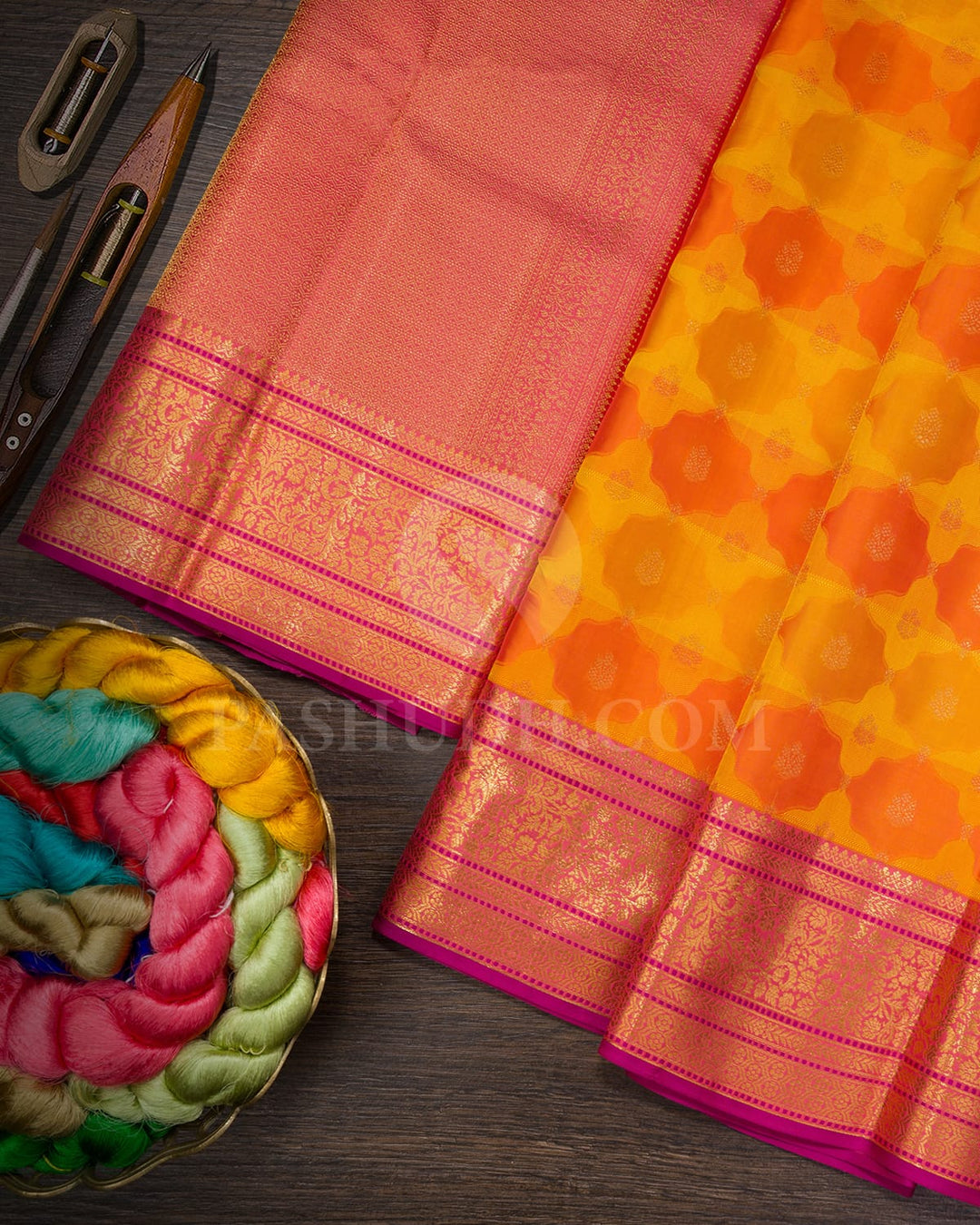 Multicolor Yellow,Orange And Punch Pink Kanjivaram Silk Saree-DJ432(D)