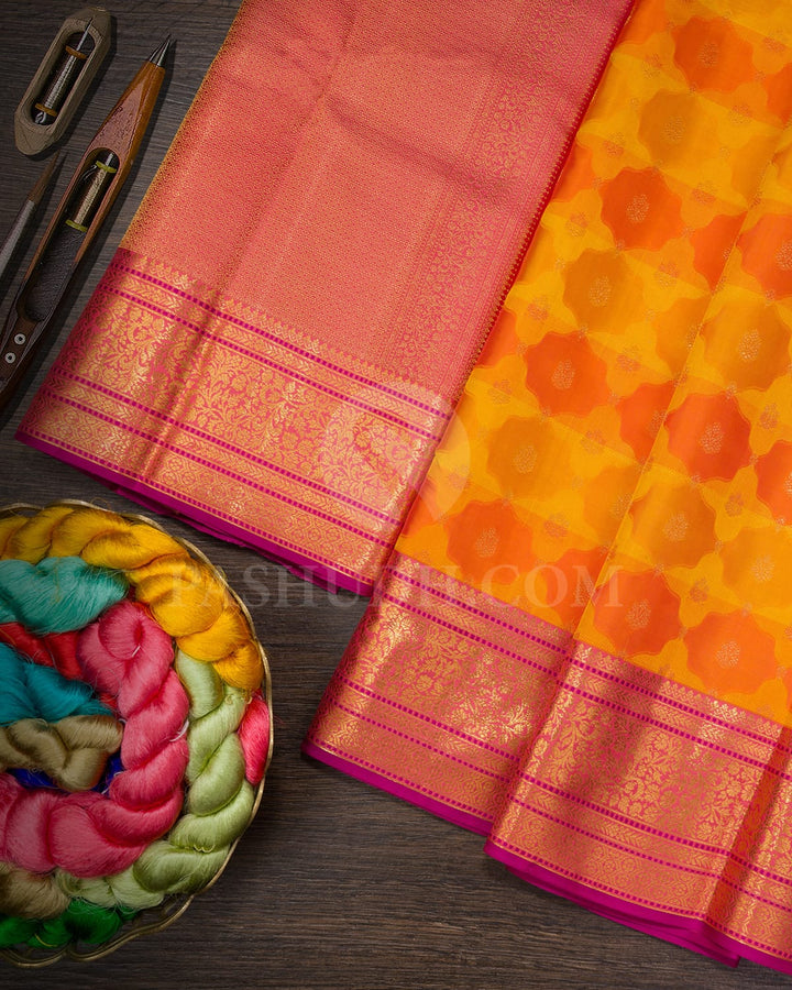 Multicolor Yellow,Orange And Punch Pink Kanjivaram Silk Saree-DJ432(D)