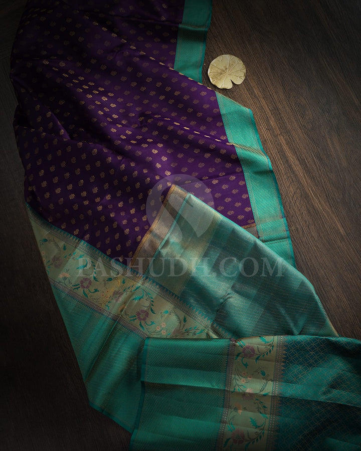 Eggplant Purple And Light Teal Kanjivaram Silk Saree-D676(D)
