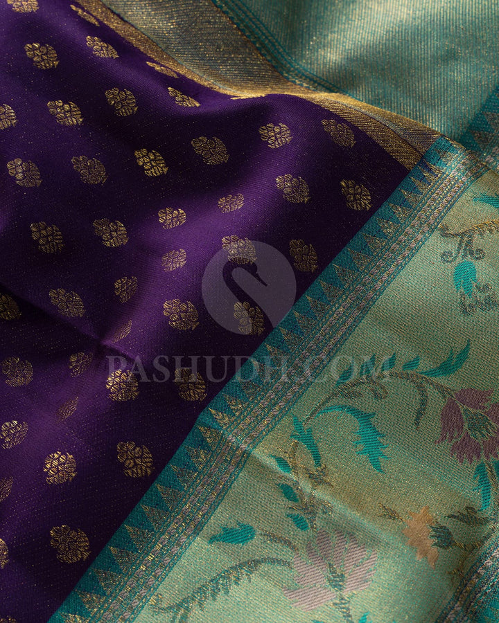 Eggplant Purple And Light Teal Kanjivaram Silk Saree-D676(D)