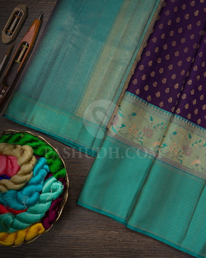 Eggplant Purple And Light Teal Kanjivaram Silk Saree-D676(D)