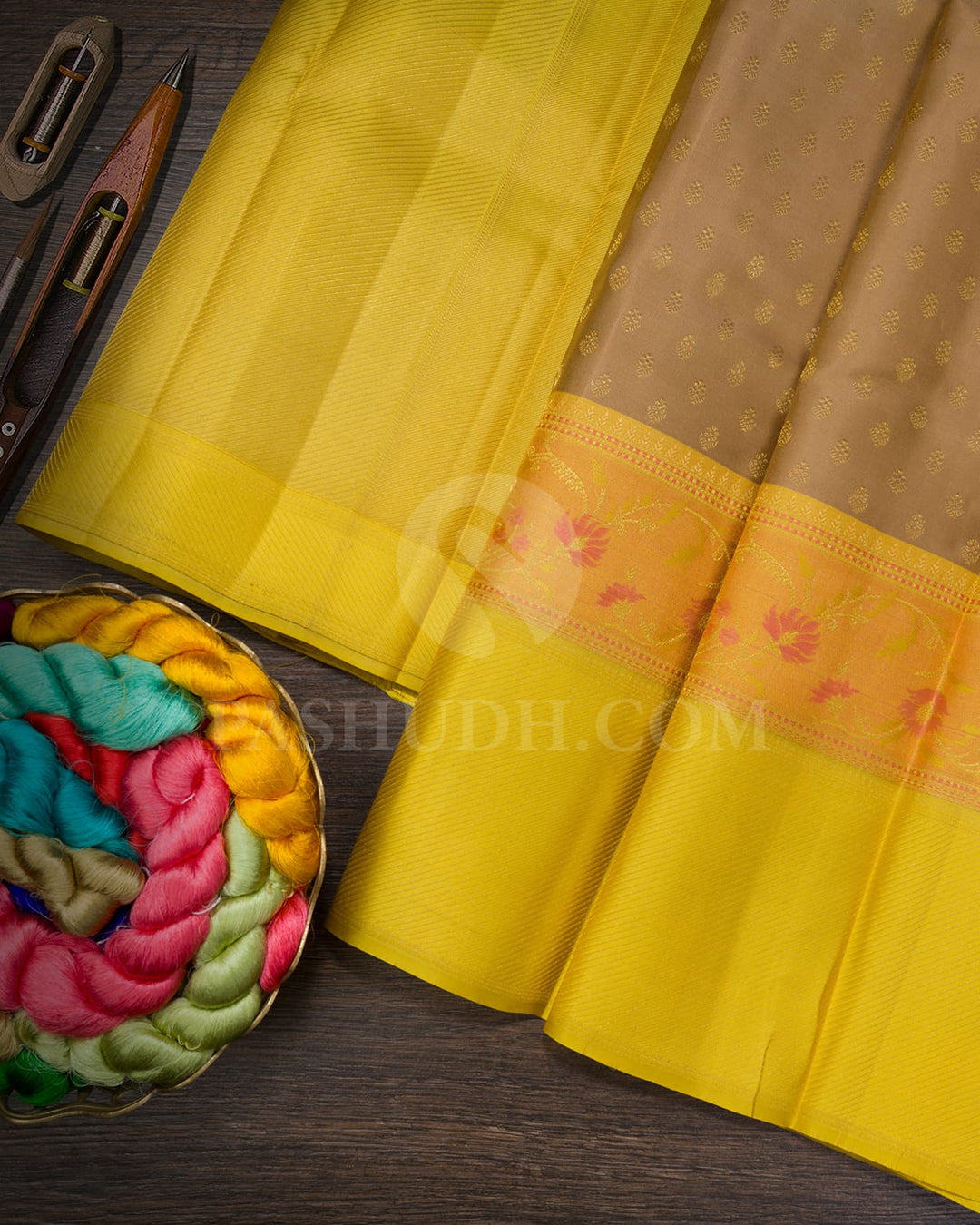 Camel Brown With Yellow Kanjivaram Silk Saree-D676(E)
